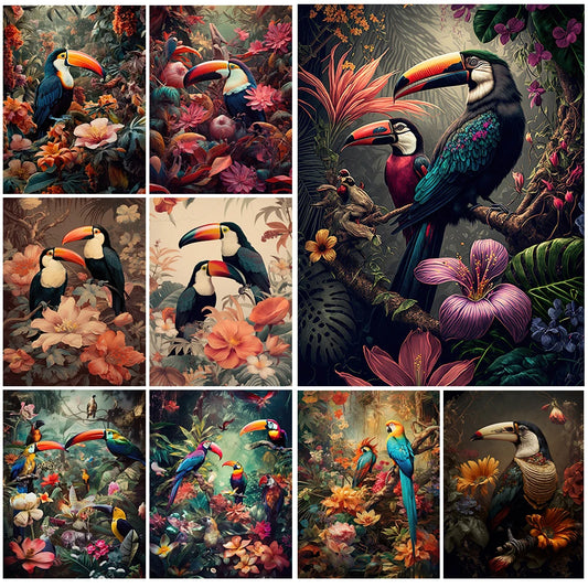 Jungle Birds Toucan Animals Flores Impresiones Imágenes de pared para sala de estar Cartel nórdico Arte de pared Pintura sin marco