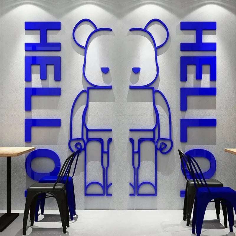 Cartoon Bearbrick Acrylic 3D Wall Sticker With Hello Letter DIY Cute Panda Solid Mirror Wall Decal Wallpaper Bedroom Home Decor