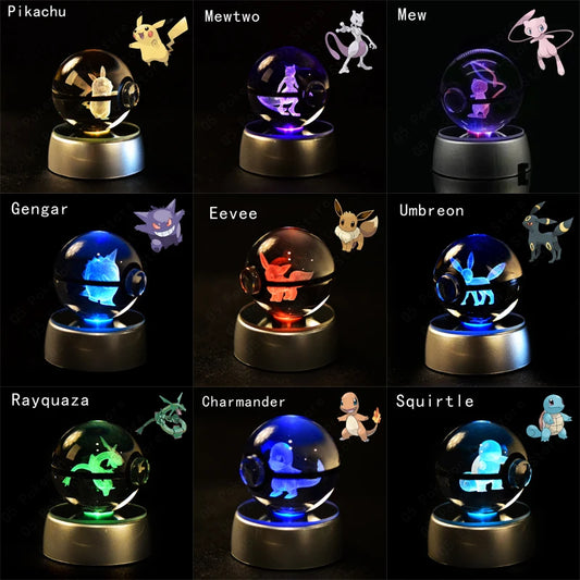 Pokemon 3D Ball Crystal Pikachu Gengar Mew Mewtwo Figuras Lâmpada Base Pokeball 3D Pokemon Glass Ball estátua infantil Presente de aniversário