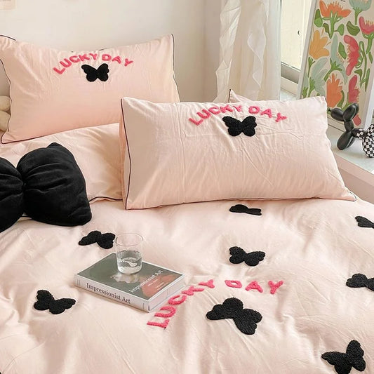Korean Girls' Bed Set Ins Butterfly Embroidered Duvet Cover Washed Cotton Quilt Cover Bed Sheets Solid Color Bed Linens Bedroom