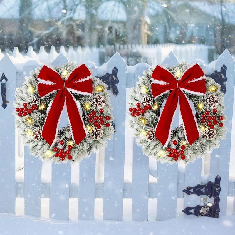 2 Pcs Lighted Christmas Wreaths, 9.8 Inch Pre-Lit Mini Xmas Wreath with Red Bow, Pine Needle Wreath with LED Lights