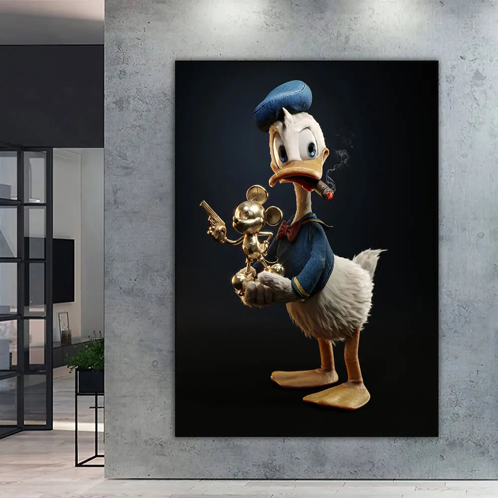 Póster de dibujos animados de Disney Donald Duck Smoke Cigarrillo Gold Mickey Mouse Arte de pared de la pared Lona estampada Sala de pintura Decoración del hogar