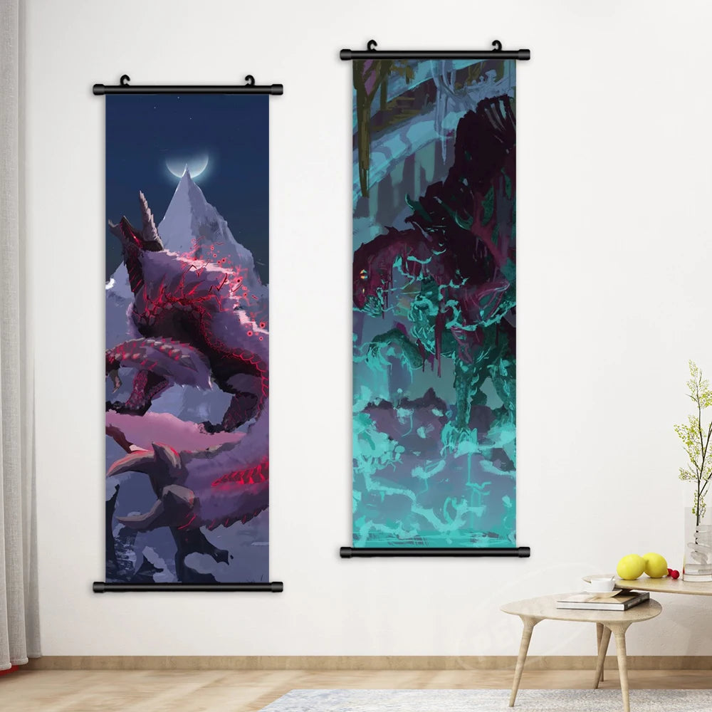 Decoración del hogar Wall Wall Artwork Monster Hunter World Picture Anime Scroll Pintura colgante Póster de lona impresa Sala de estar