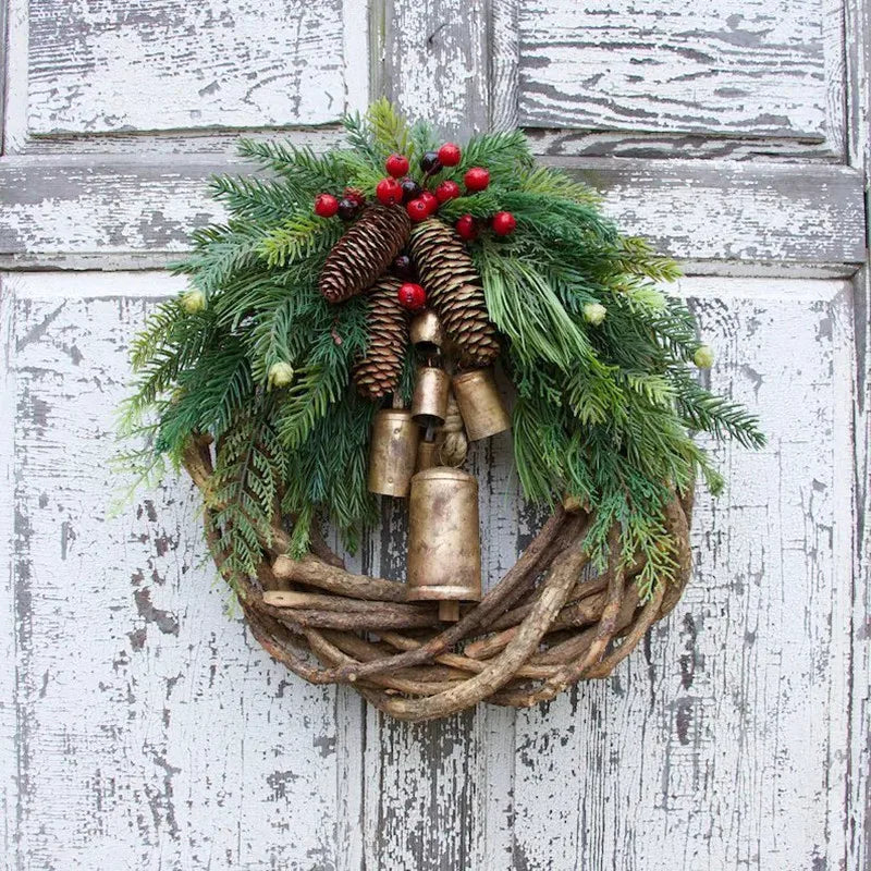 New Christmas Pine Cone Bell rattan Wreath Countryside Door Hanger Wall Hanging Decor Window Decoration Simulation Garland