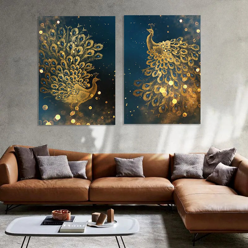 Pintura decorativa Gold Peacock de hojas Arte de la pared Pintura Luz de lujo Póster impermeable Arte de la pared de la pared