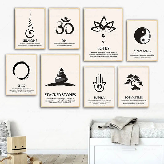 Zen Symbole & bedeutete Wandkunst Leinwand Malerei Meditation Machbares Kunst Poster spiritueller abstrakter Druck für Wohnzimmer Wohnkulturdekoration