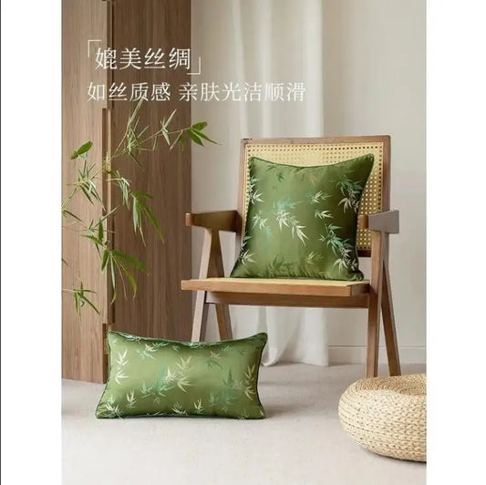 Chinese style green bamboo leaf back cushion cover sofa wait pillowcase silk satin fabric wait pillow cover