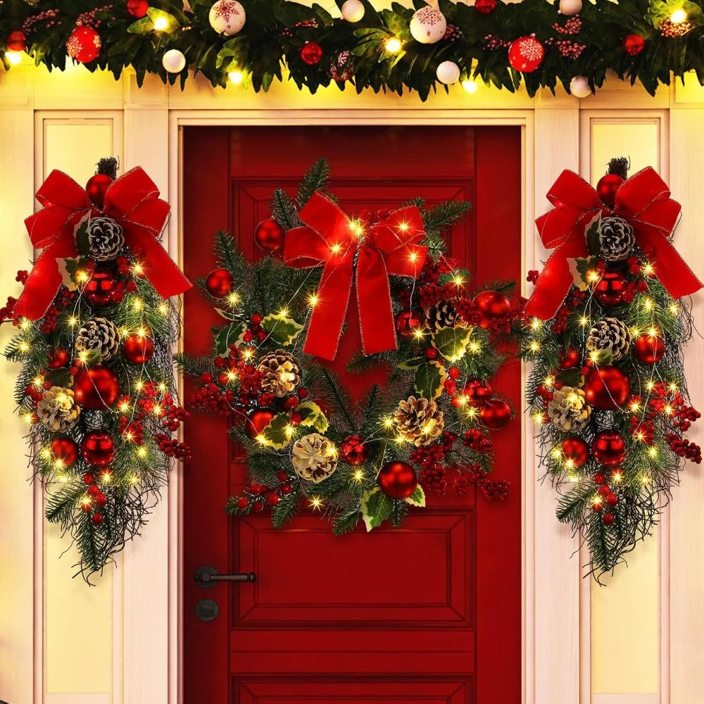 3 Pcs Christmas Pre Lit Wreath and Swag with Lights Artificial 24in Christmas Garland for Front Door Outdoor Indoor Home Party