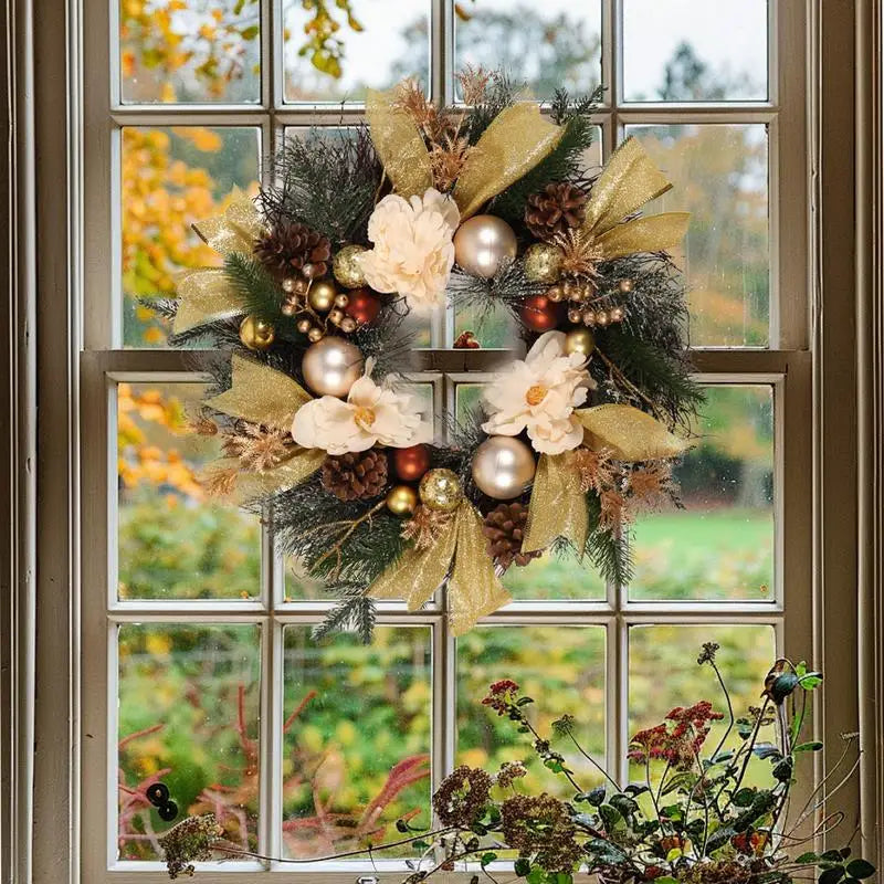 Christmas Wreaths Rustic 20-Inch Wreath With Gold Ribbon Bow Pine Cone Farmhouse Festive Garlands Decorations For Window Winter