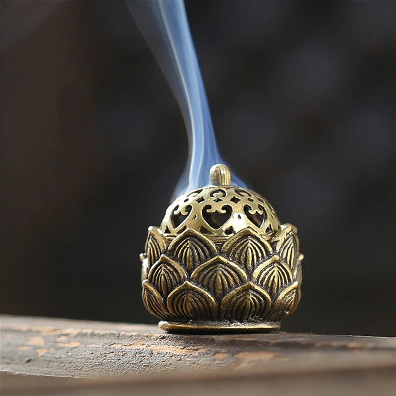 Retro Copper Small Lotus Hollow Out Incense Stick Burner Brass Incense com capa Decoração de Sandalwood Censer