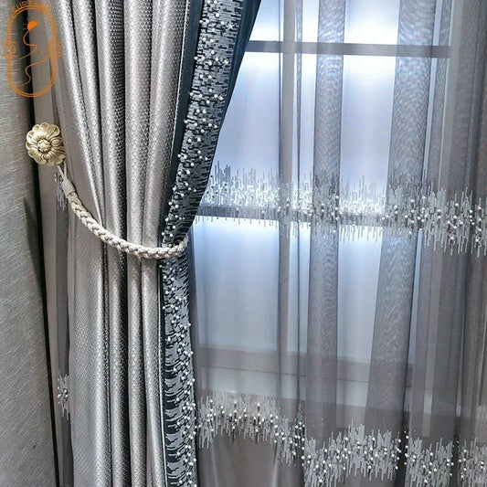 High-end Silver Gray Jacquard High Precision Pearl Lace Stitching Thickened Curtains for Living Room Bedroom Dining Room Balcony