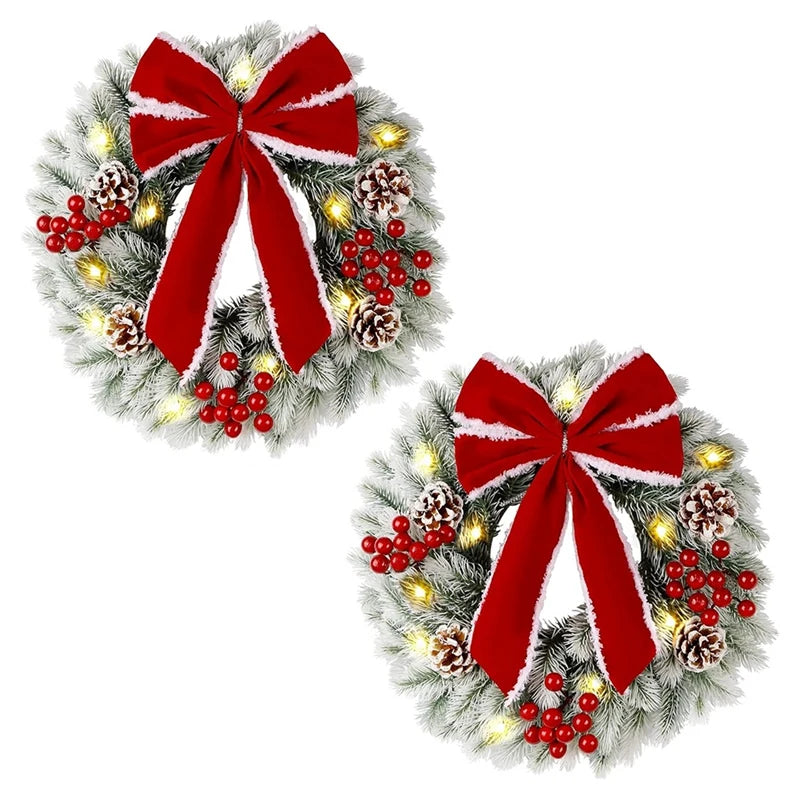 2 Pcs Lighted Christmas Wreaths, 9.8 Inch Pre-Lit Mini Xmas Wreath with Red Bow, Pine Needle Wreath with LED Lights