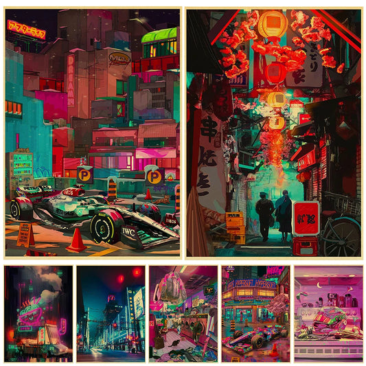 Noche Neon City Street Poster Estética Kraft Paper 80 de los años 80 Anime Home Room Art Bar Bar Café Decoración Synthwave