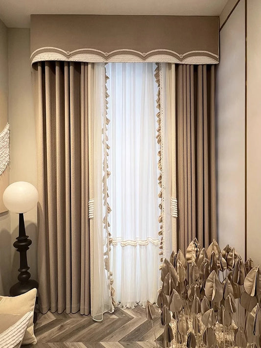 Luxurious French Curtain Romantic Living Room Curtains with Gauze Thickened Beige Gray Bedroom Curtain Embossed Chenille Curtain