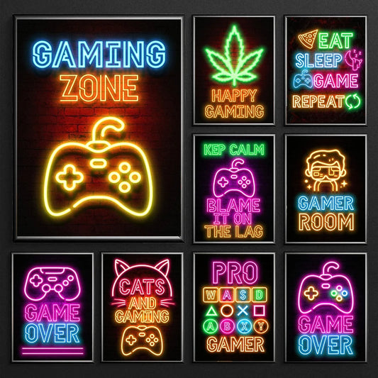 Arte Neon Happy Gaming Zone Games Room Póster Impresión Pintura Pintura Arte de pared de la oficina para niños Decoración del hogar sin LED