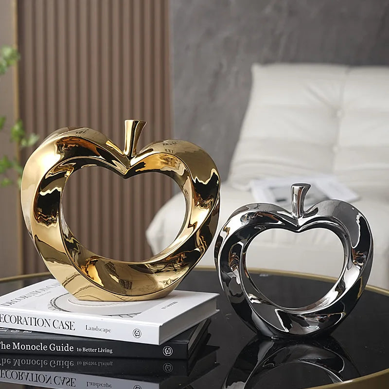 Electroplated Gold Silver Ceramic Apple Sculpture Ornament Shaped Openwork Porcelain Fruit Ornament Crafts Home Decoration New